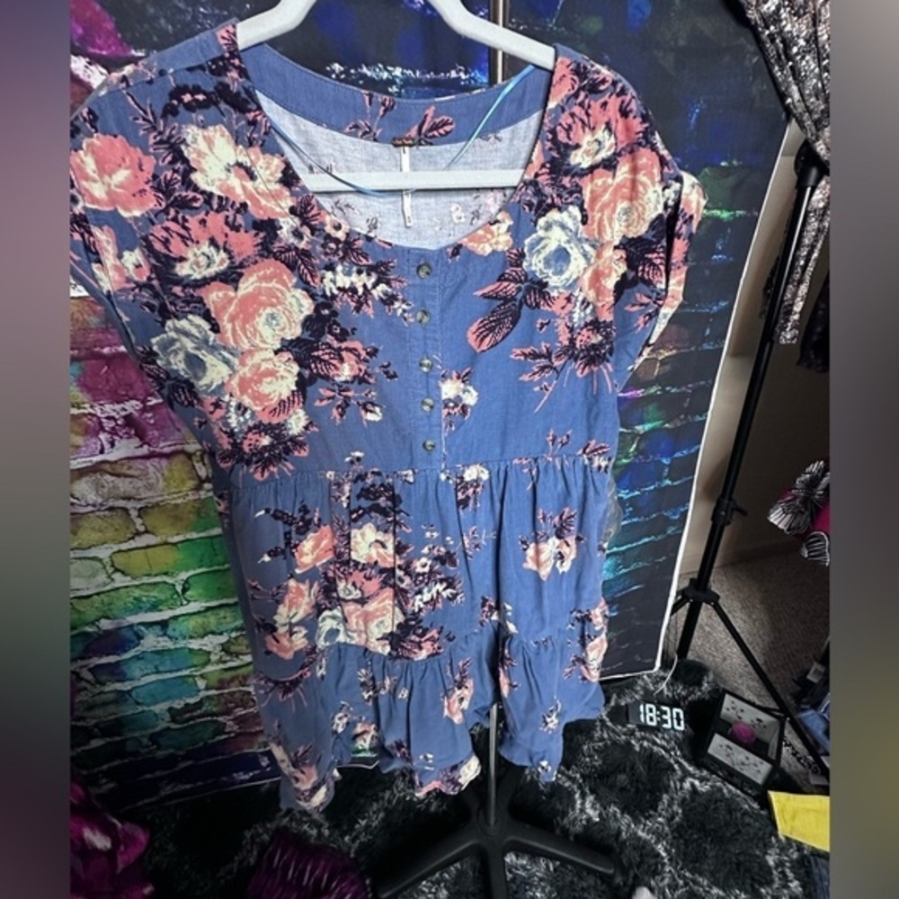 Free People Harper Corduroy Blue Floral Mini Dress, Size XS but Oversized, NWPT - Picture 3 of 8